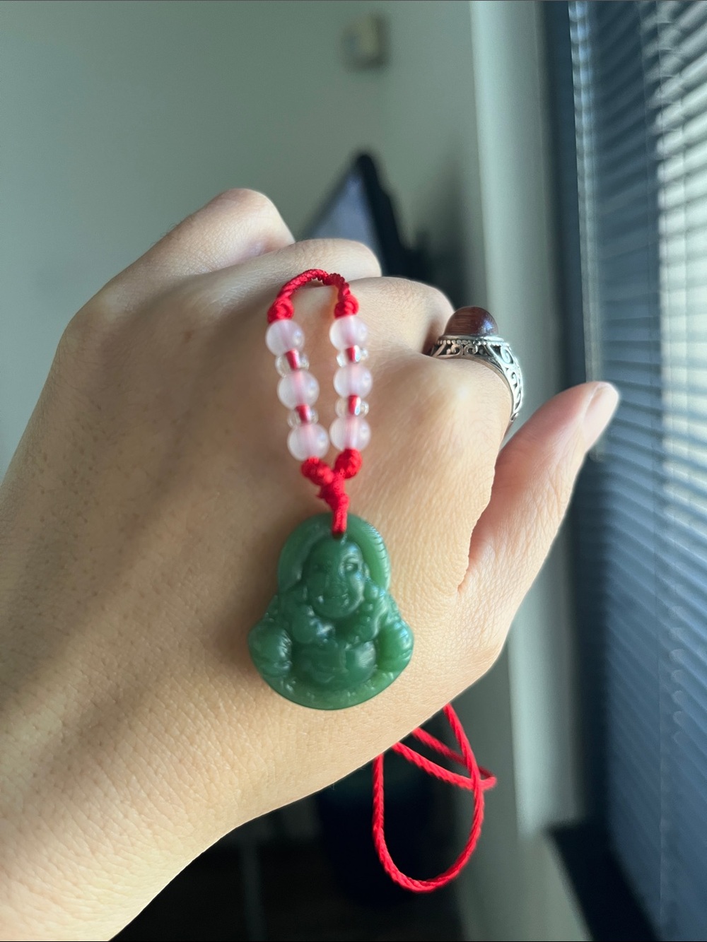 Green Jade Buddha Pendant Necklace with Red Cord
